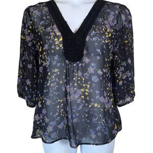 Elle Black Floral Sheer Top Sz L Ribbon V-Neck Tie 3/4 Sleeve Boho Romantic